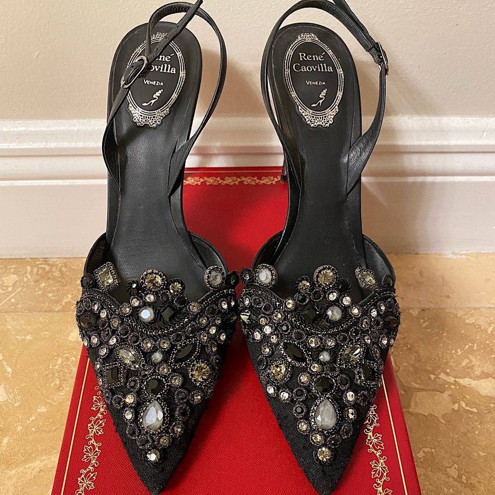 Used like new René Caovilla Veneziana Sling back Shoes 100mm heel Black size 40